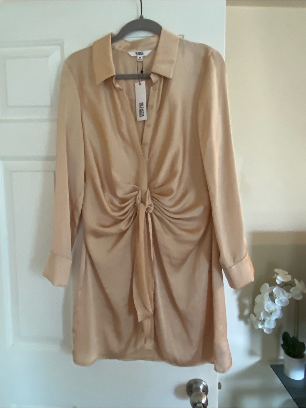 BB Dakota Beige Satin Button-Down Twist-Front Top